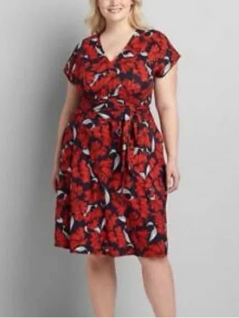 Lane Bryant Red Floral Tie-Waist Midi Dress